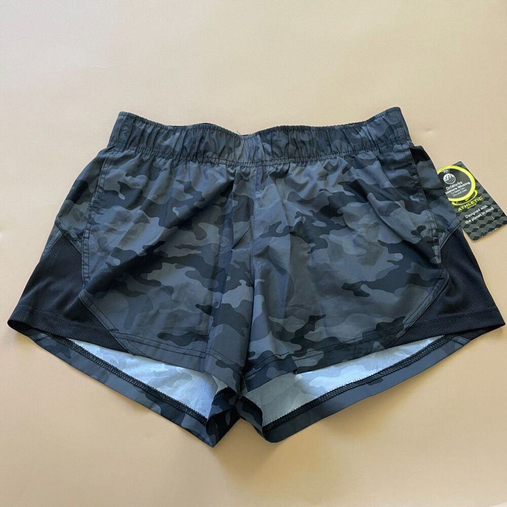 NWT Athletic Works Black Gray Camo Running Shorts Womens Medium Activewear